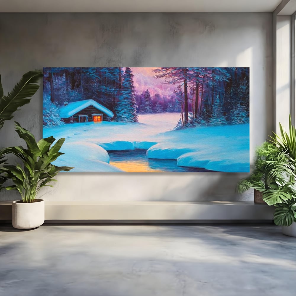 Tablou canvas cu pictura cu cabana inzapezita si parau, fara rama, pe sasiu de lemn